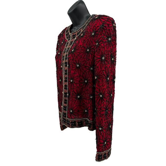 Papell Boutique Evening Jacket WMNS 8P Red Silk Floral Sequin Trophy Brocade Vtg - Picture 11 of 12